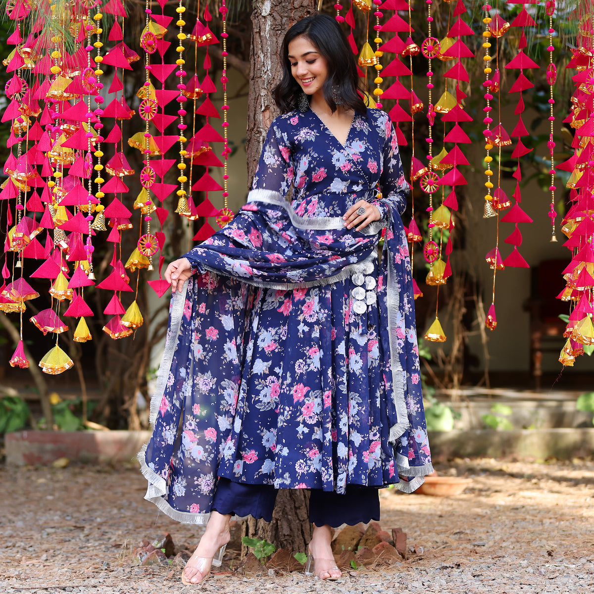 Akasa  Blue & Pink Floral Georgette Set