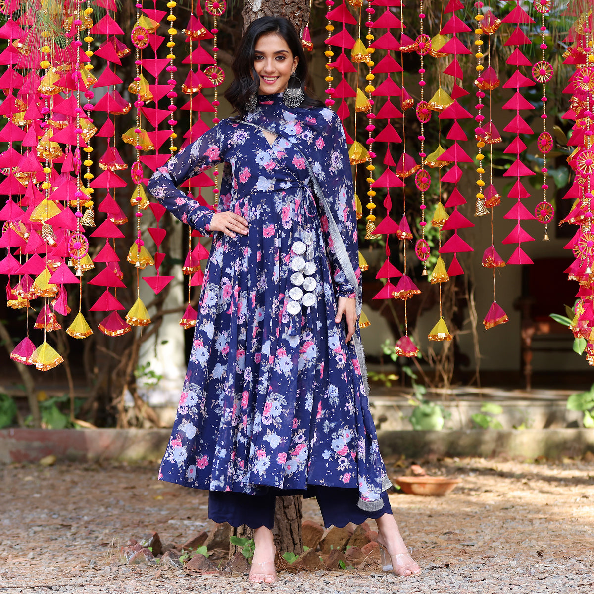 Akasa  Blue & Pink Floral Georgette Set