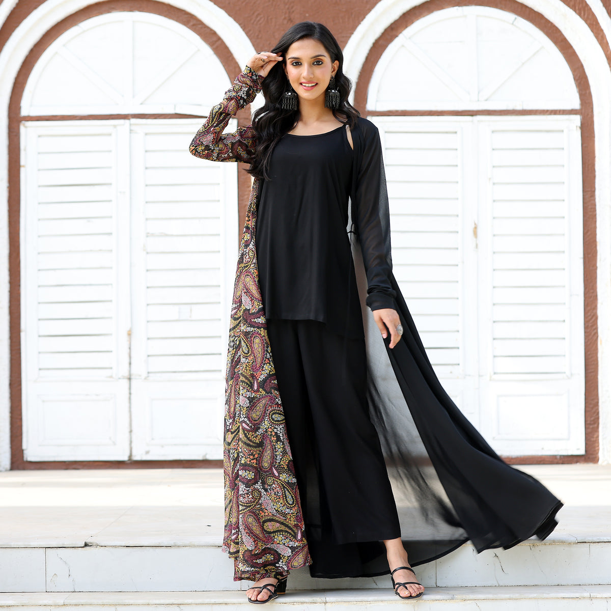 black shrug for dress Black Shrug Angrakha Georgette Set