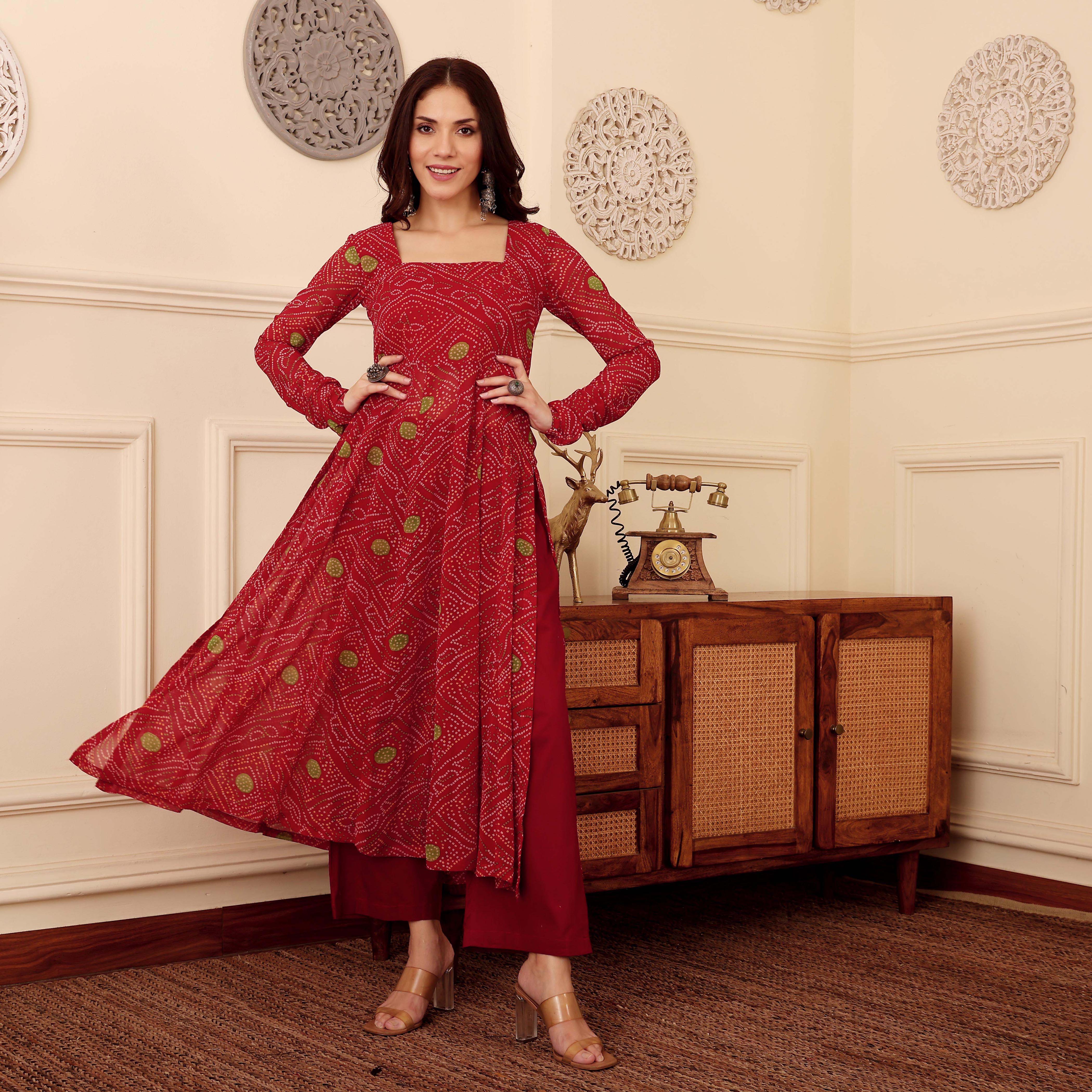 Red Bandhani Print Georgette Kurta