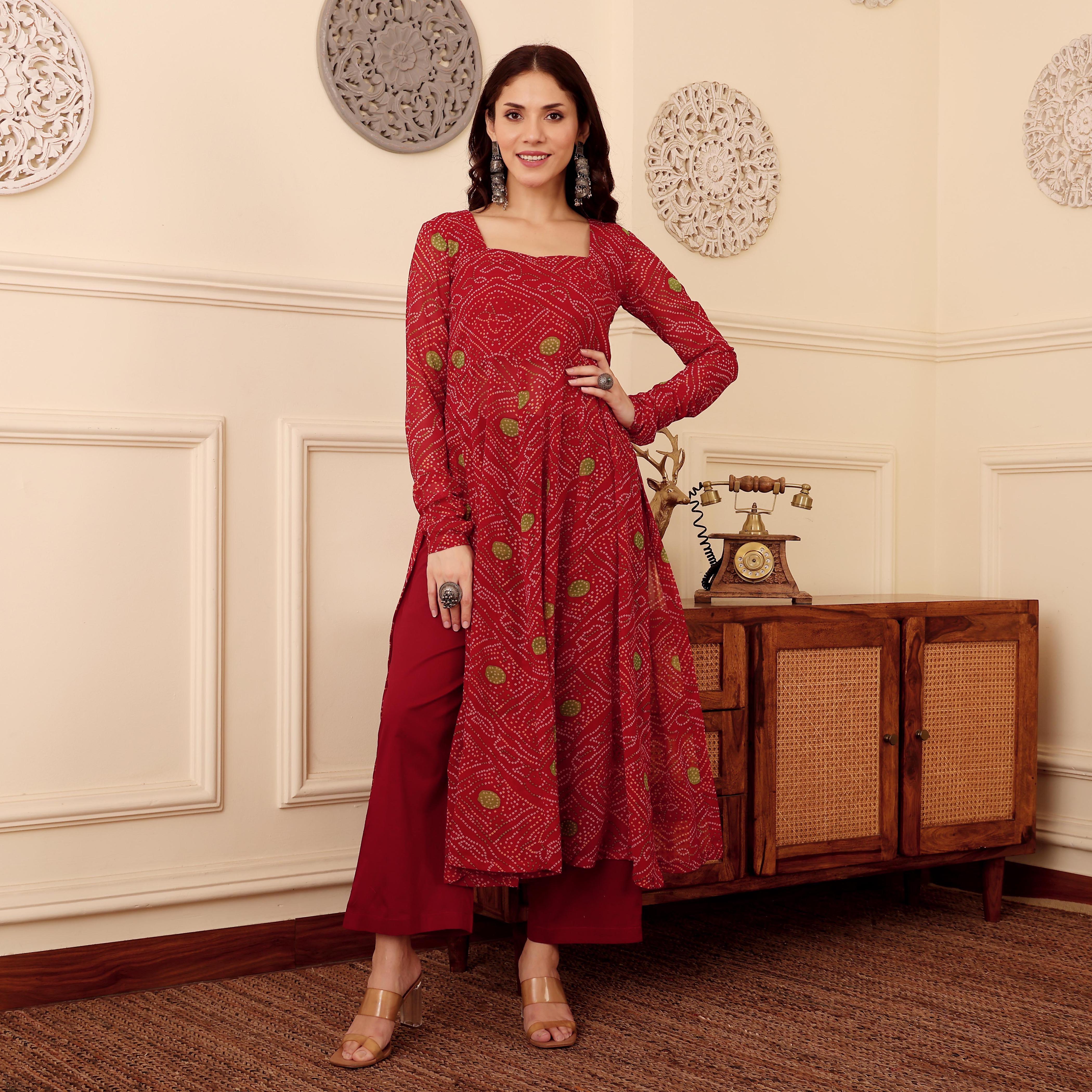 Red Bandhani Print Georgette Kurta