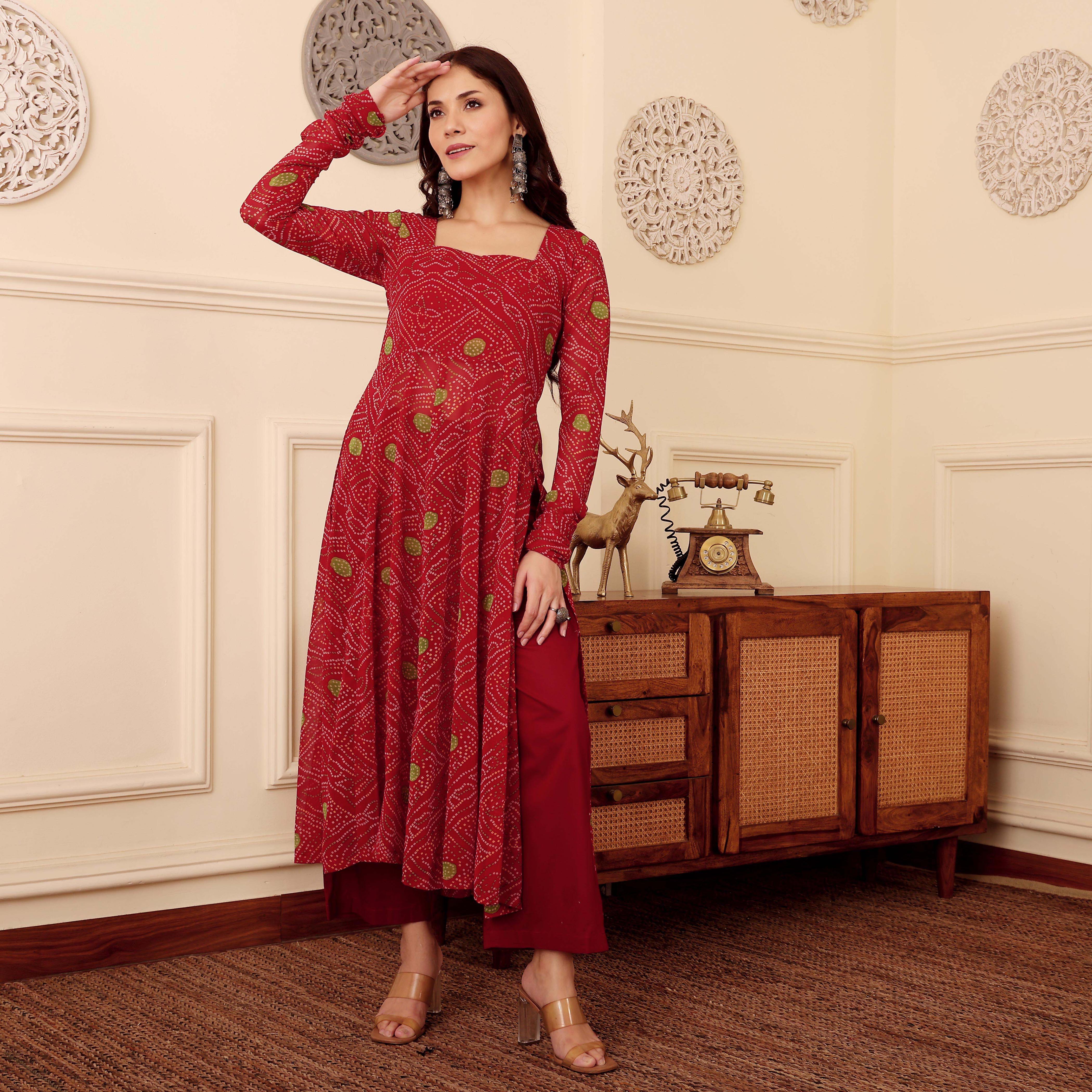 Red Bandhani Print Georgette Kurta
