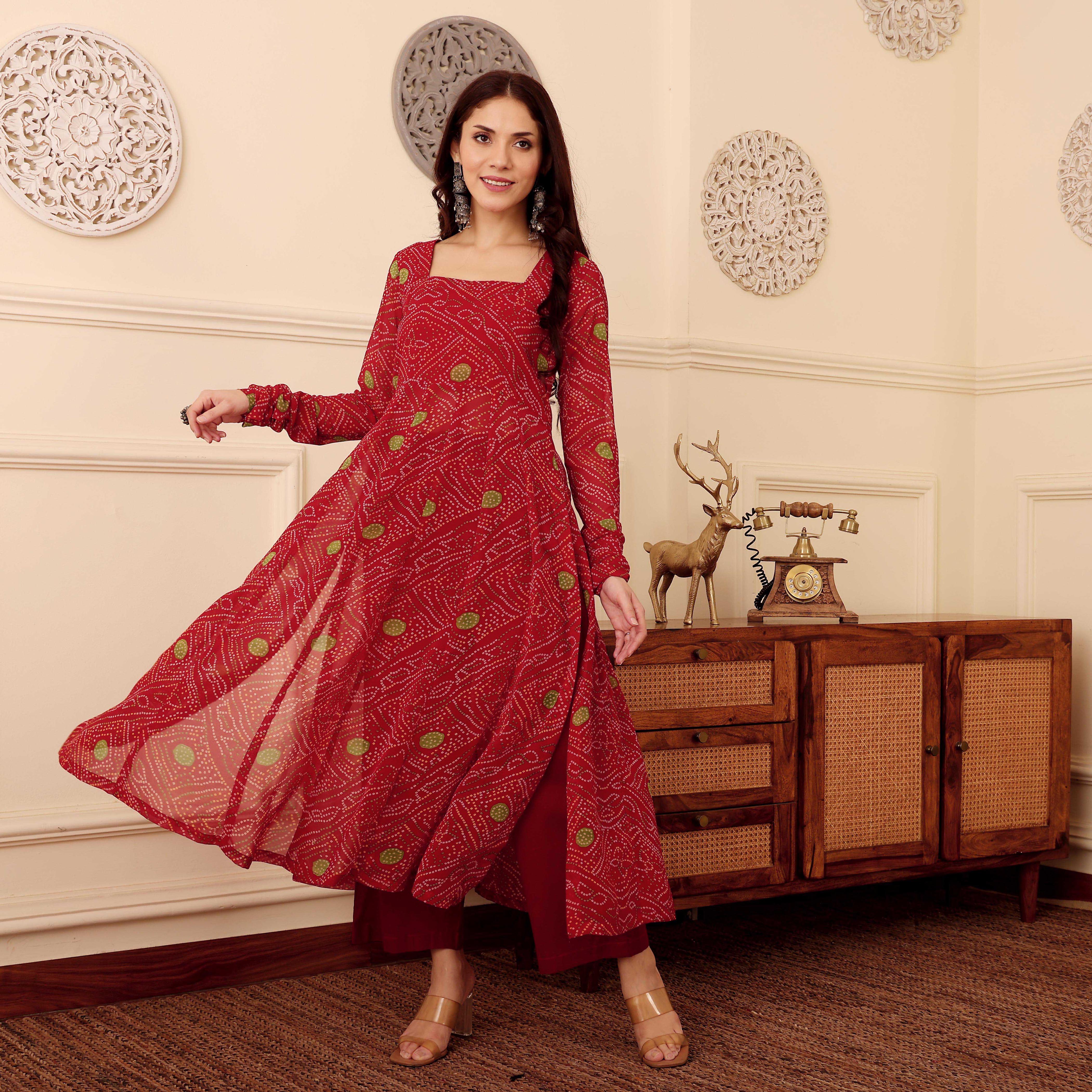 Red Bandhani Print Georgette Kurta