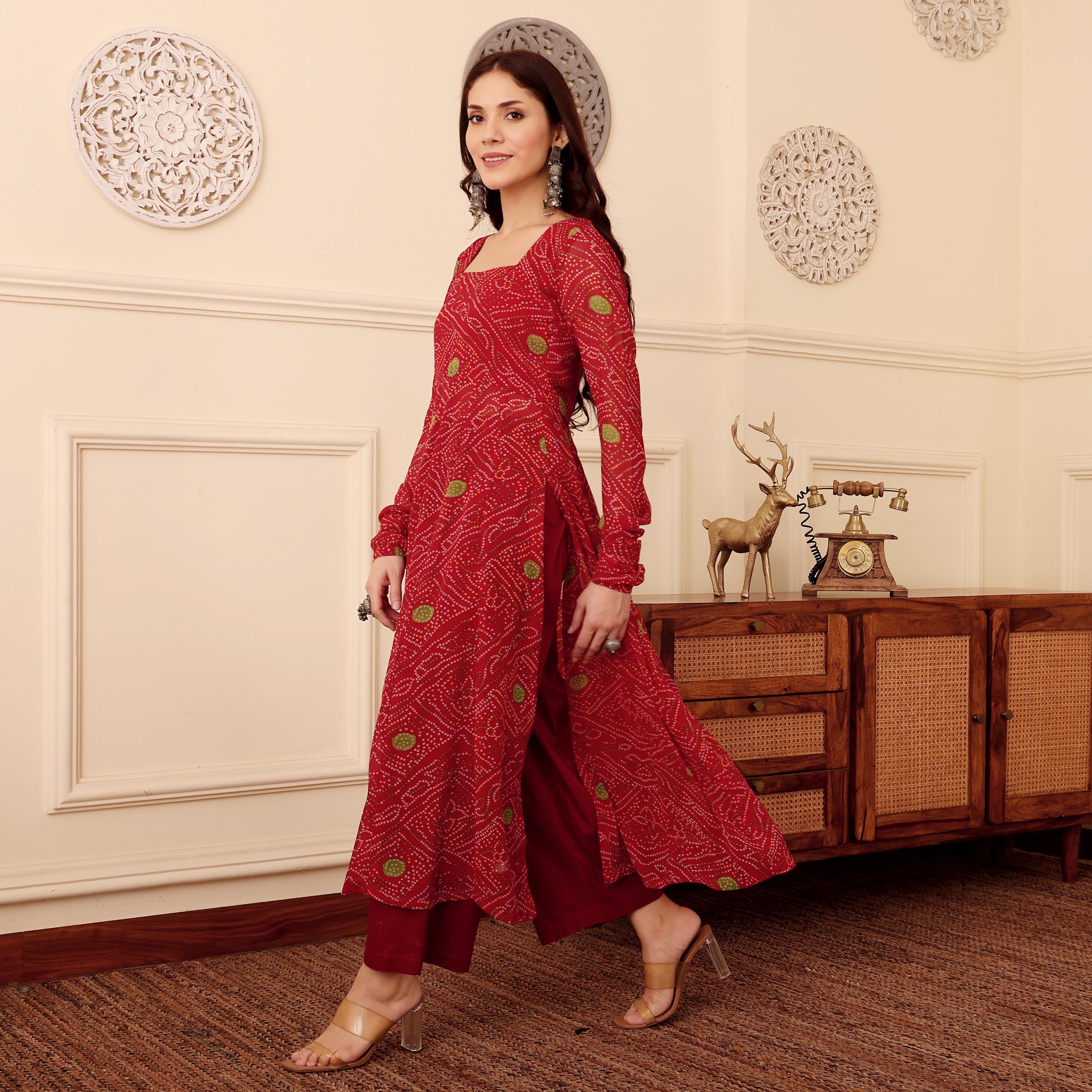 Red Bandhani Print Georgette Kurta