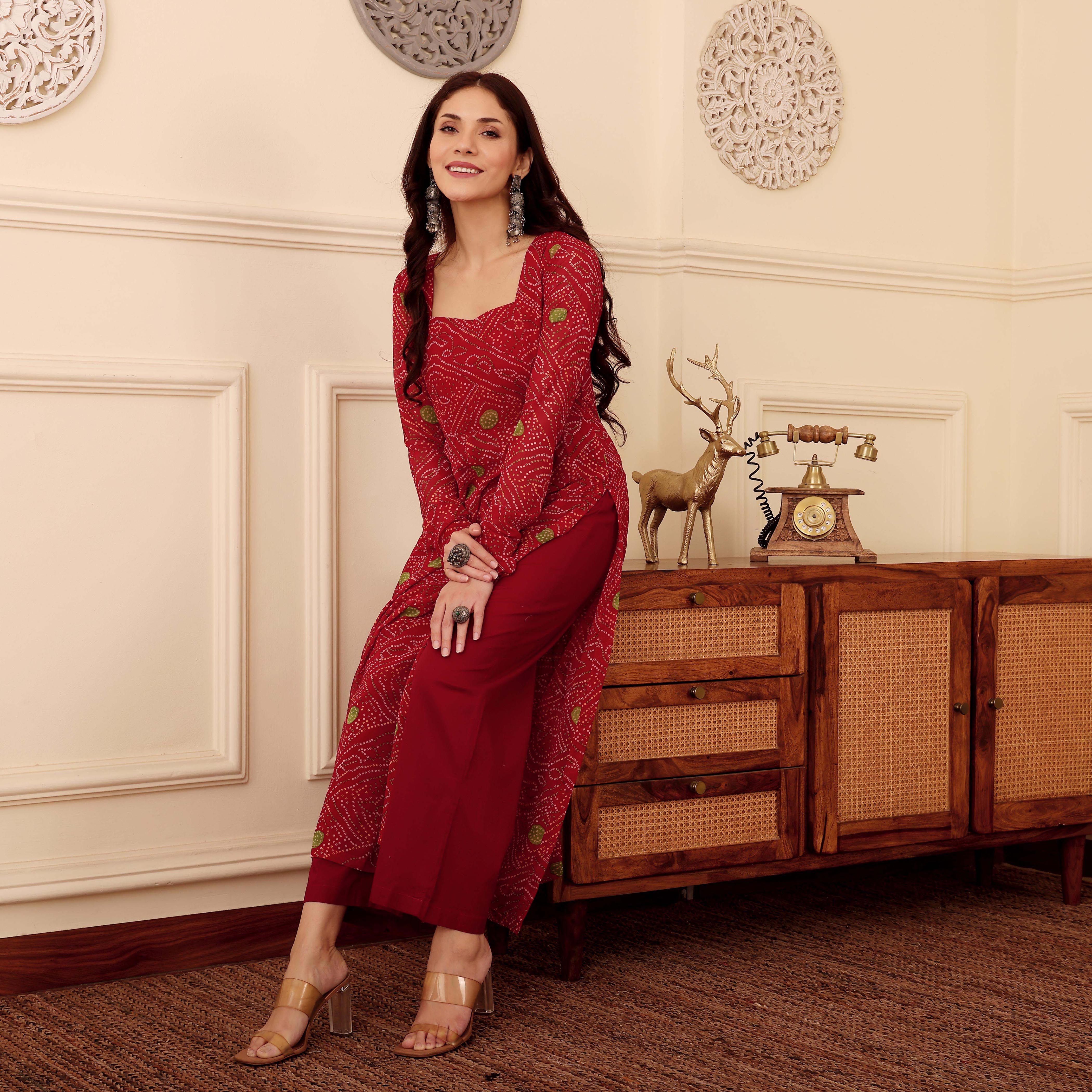 Red Bandhani Print Georgette Kurta