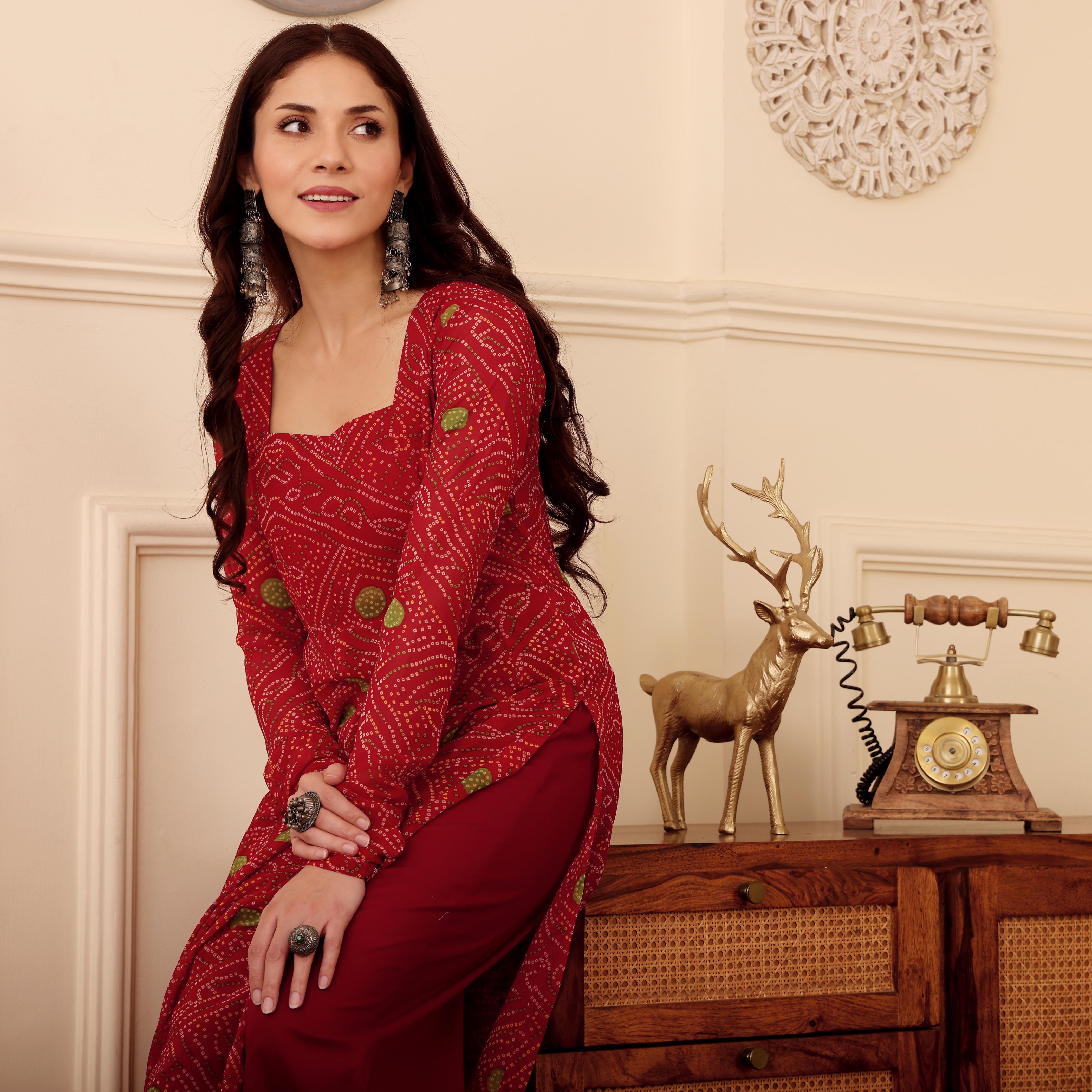 Red Bandhani Print Georgette Kurta