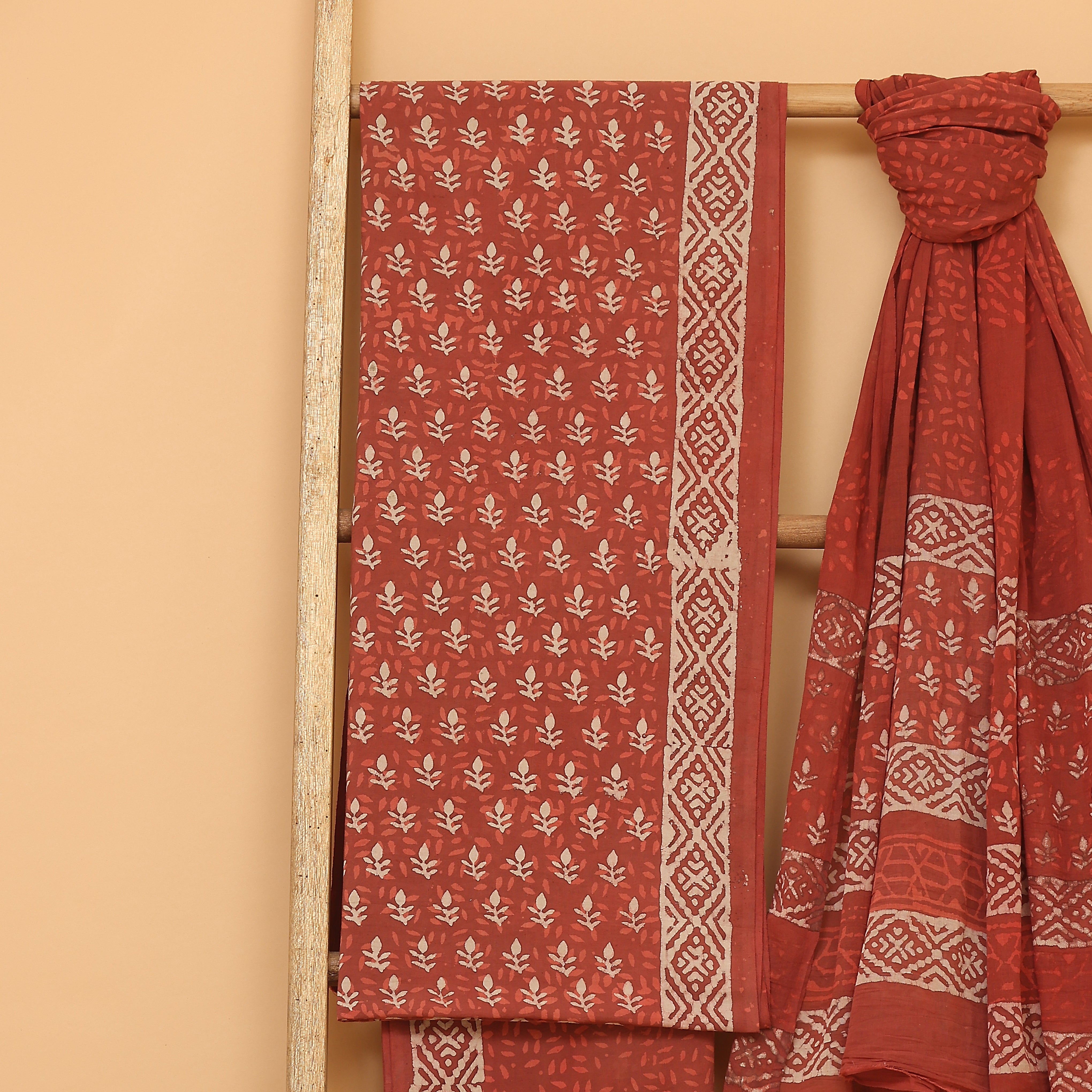 Red hand block printed  cotton  unstitched Suit set
