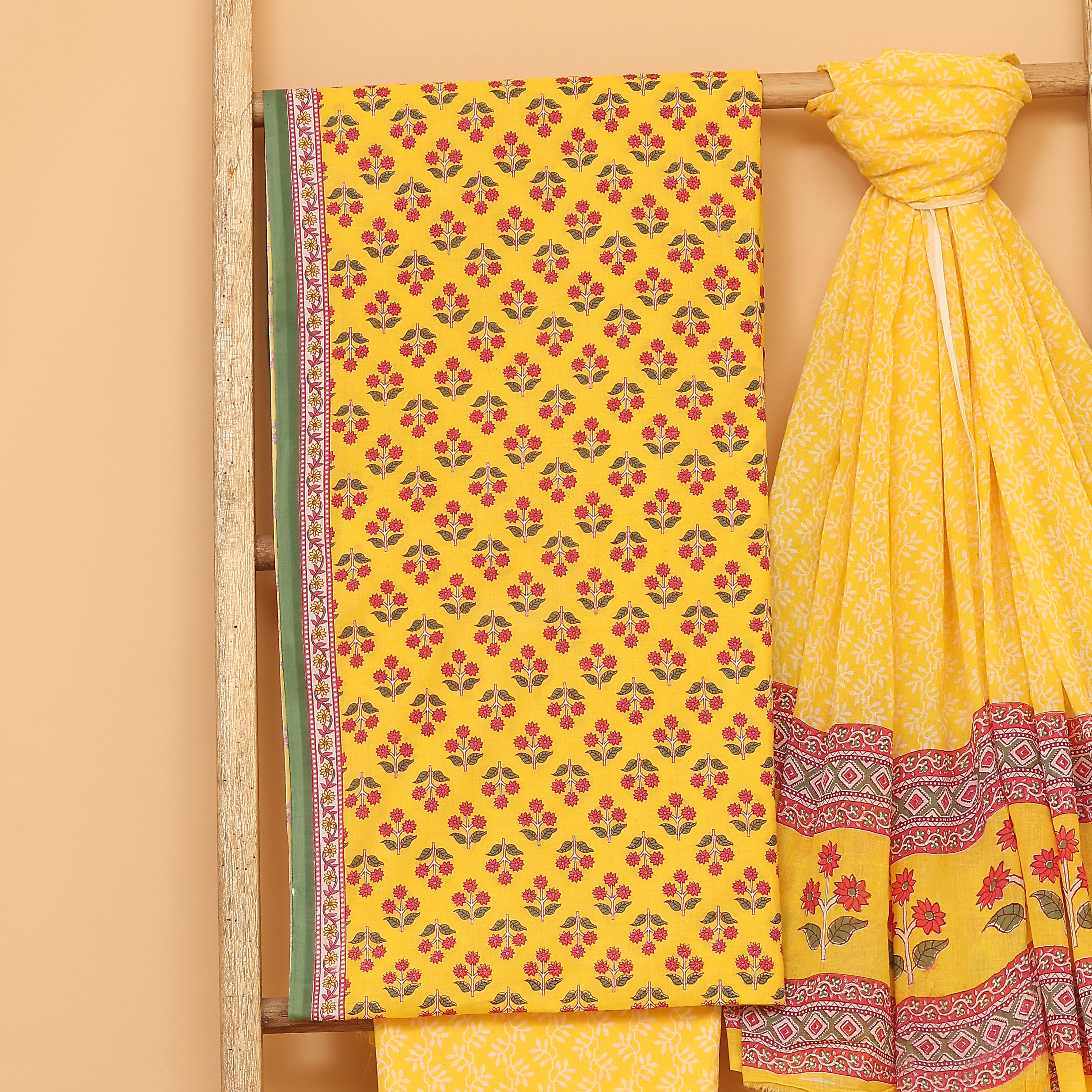 Yellow bagh hand block printed cotton  unstitched Suit set