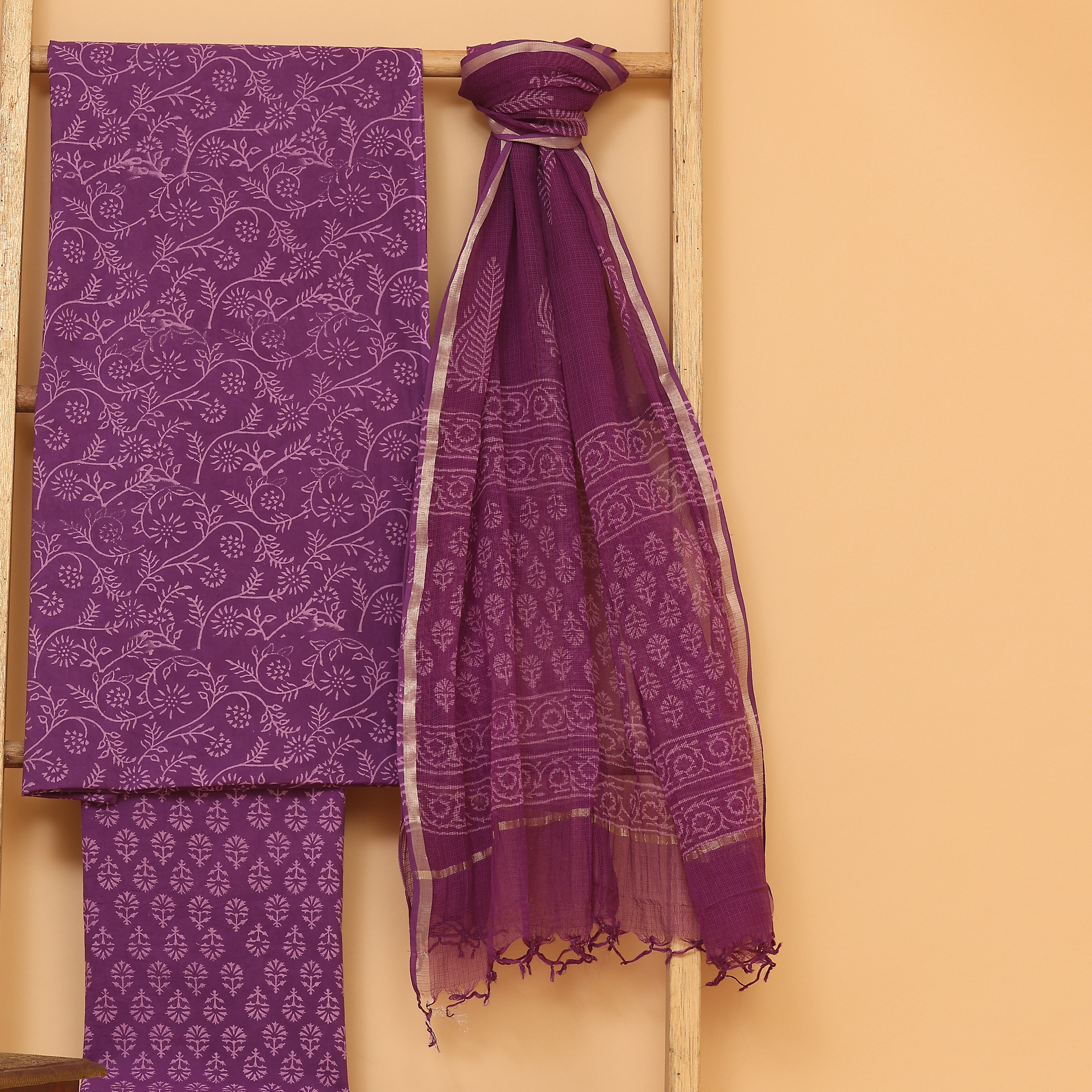 purple hand block printed unstitched Suit set