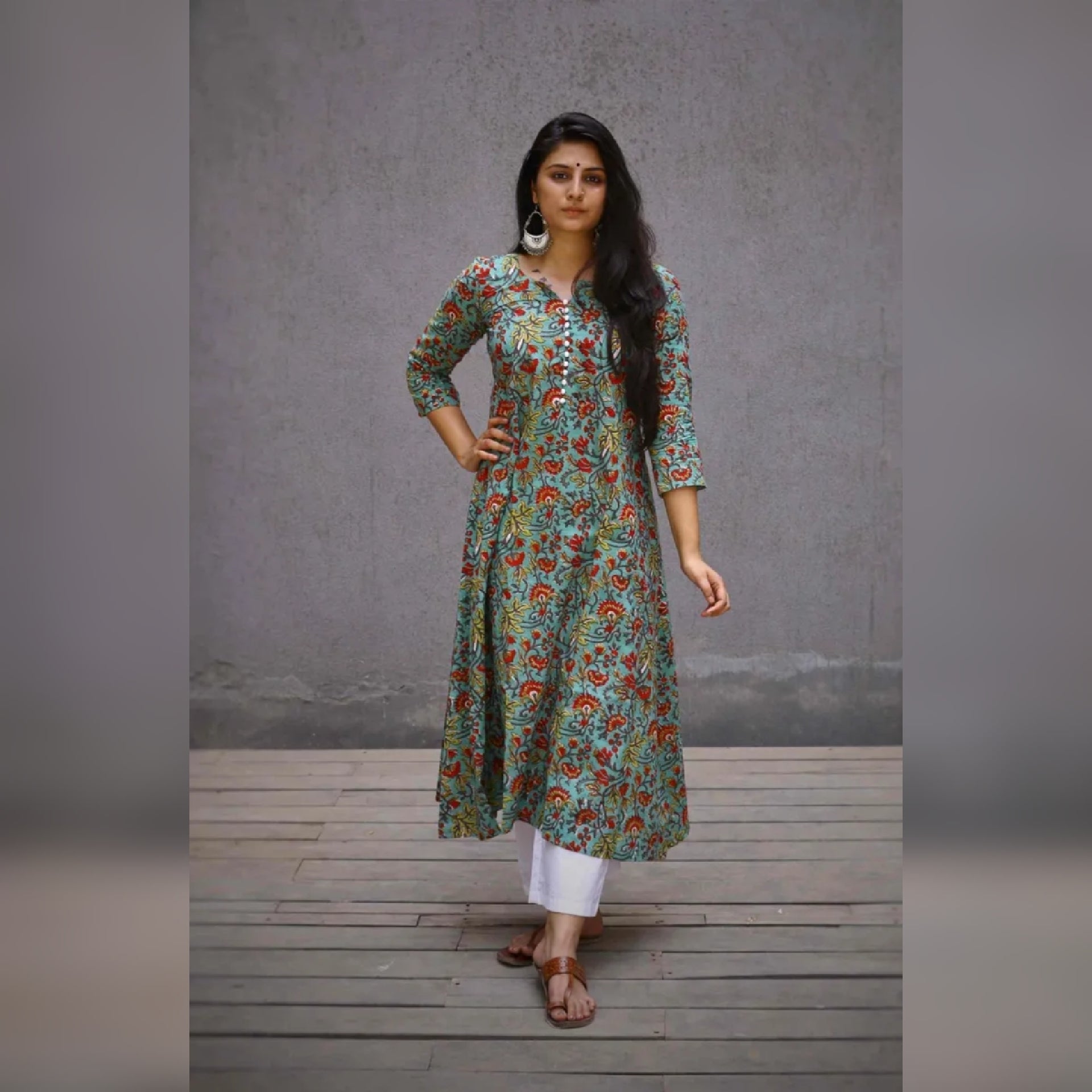 Earthy Green A Line Long Cotton Kurta Earthy Green A Line Long Cotton Kurta